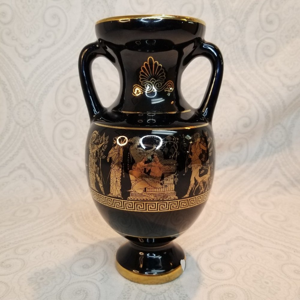 1960s I. Spyropoulos Greek Black Urn Handled Vase 24k Gold Detailing Handmade